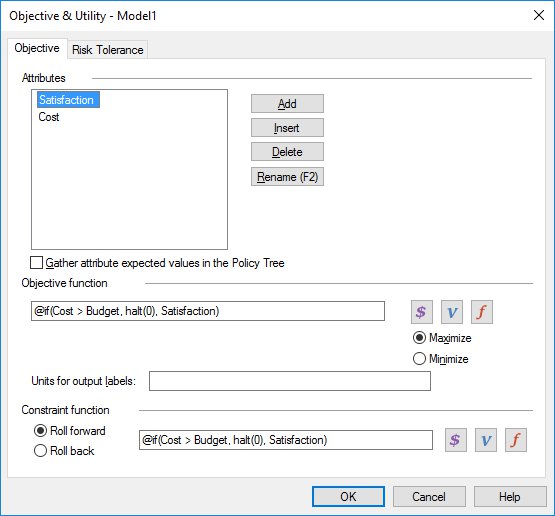 DPL Objective & Utility Dialog with Constraint Function